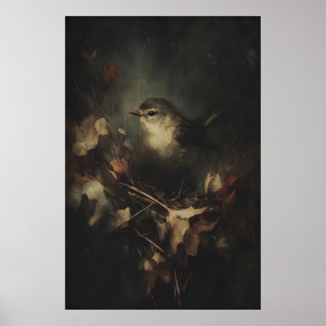 Autumn Small Wren Bird Art Printable Moody Poster (Front)