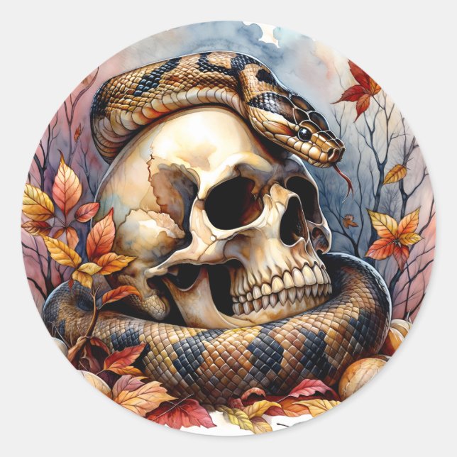 Autumn Snake Around Skull Classic Round Sticker (Front)