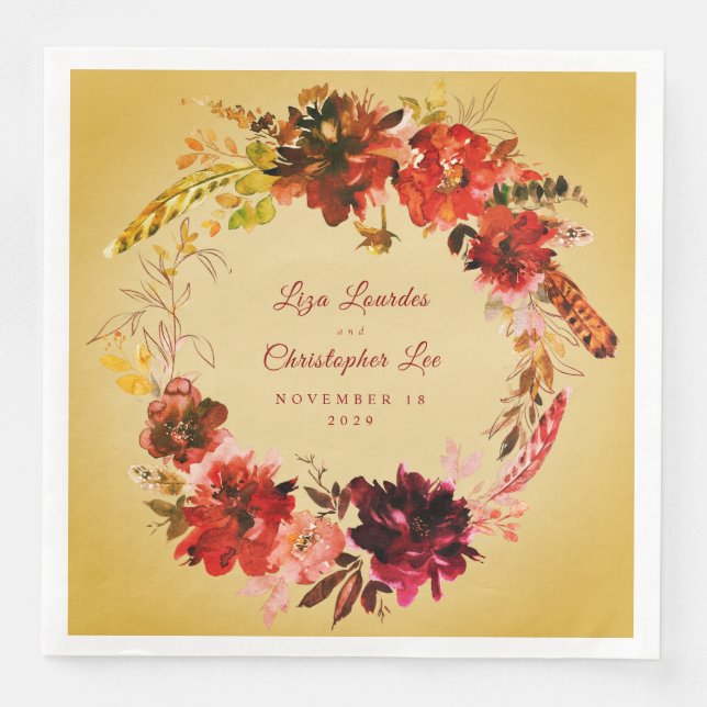 Autumn Splendour Fall Floral Wreath Golden Wedding Napkin (Front)