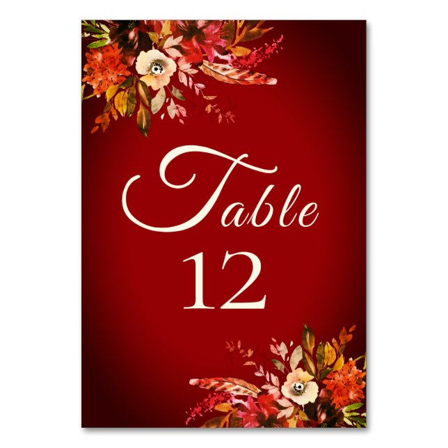 Autumn Splendour Floral Burnished Red Wedding Table Number (Front)