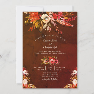 Autumn Splendour Floral Marbled Brown Wedding Invitation