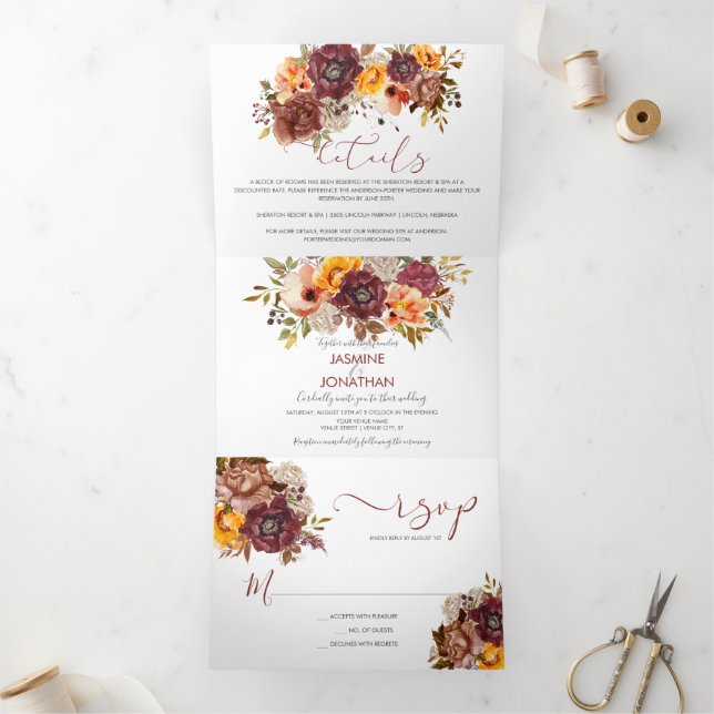 Autumn Splendour Watercolor Floral Wedding | Tri-Fold Invitation (Inside)