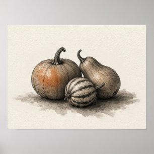 Autumn Squash and Gourds Ink Still Life Poster