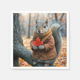 Autumn Squirrel Holding a Red Maple Leaf Napkin