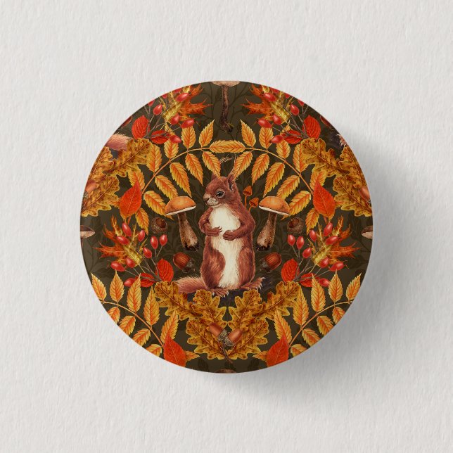 Autumn squirrel on dark brown 1 inch round button (Front)