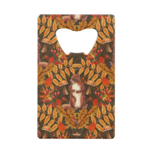 Autumn squirrel on dark brown credit card bottle opener