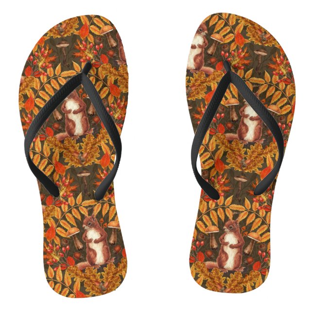 Autumn squirrel on dark brown flip flops (Footbed)