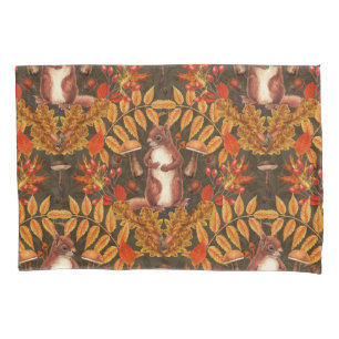 Autumn squirrel on dark brown pillowcase