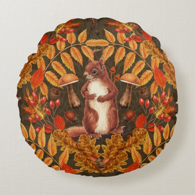 Autumn squirrel on dark brown round pillow (Front)