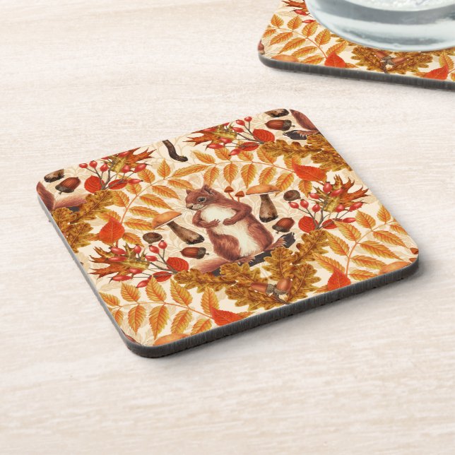 Autumn squirrel on off white coaster (Left Side)