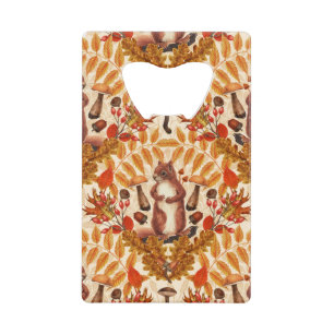 Autumn squirrel on off white credit card bottle opener