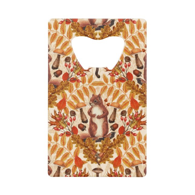 Autumn squirrel on off white credit card bottle opener (Front)