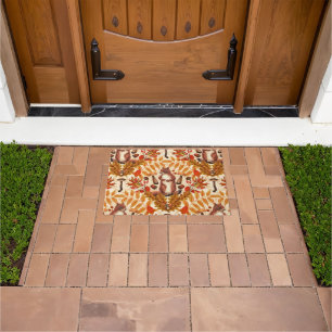Autumn squirrel on off white doormat