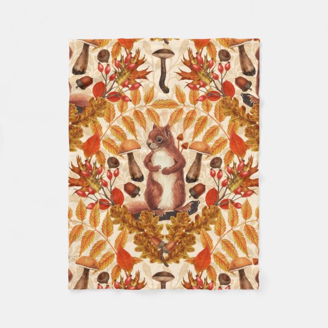 Autumn squirrel on off white fleece blanket (Front)