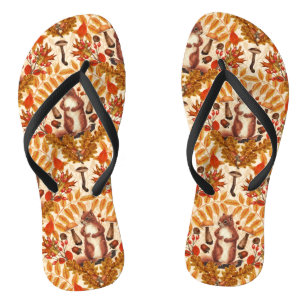 Autumn squirrel on off white flip flops