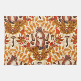 Autumn squirrel on off white kitchen towel