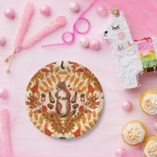 Autumn squirrel on off white paper plate