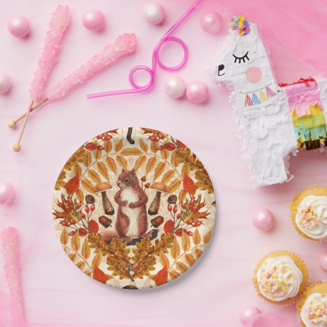 Autumn squirrel on off white paper plate (Party)