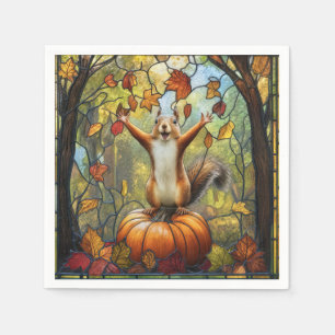 Autumn Squirrel on Pumpkin Stained Glass Art Napkin