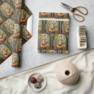 Autumn Squirrel on Pumpkin Stained Glass Art Wrapping Paper