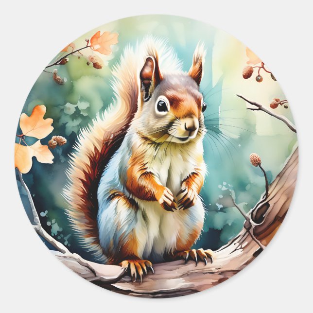 Autumn Squirrel Watercolor Classic Round Sticker (Front)