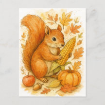 Autumn Squirrel with Corn Thanksgiving Postcard