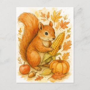 Autumn Squirrel with Corn Thanksgiving Postcard