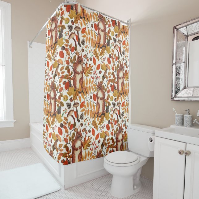 Autumn squirrels and autumnal flora on off white (In Situ)