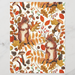 Autumn squirrels and autumnal flora on off white