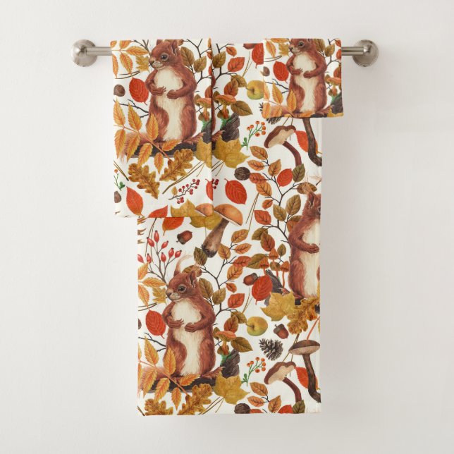 Autumn squirrels and autumnal flora on off white bath towel set (Insitu)