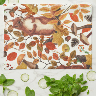 Autumn squirrels and autumnal flora on off white kitchen towel