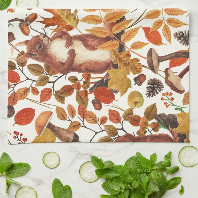 Autumn squirrels and autumnal flora on off white kitchen towel (Folded)