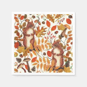 Autumn squirrels and autumnal flora on off white napkin
