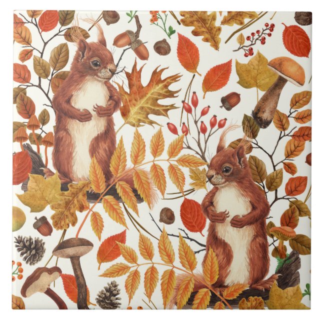 Autumn squirrels and autumnal flora on off white tile (Front)
