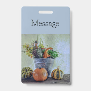 Autumn still life with pumpkins, flowers  badge