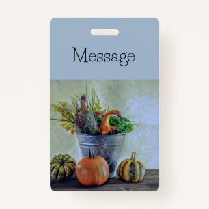 Autumn still life with pumpkins, flowers  badge