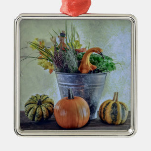 Autumn still life with pumpkins, flowers metal ornament