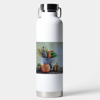 Autumn still life with pumpkins, flowers  water bottle