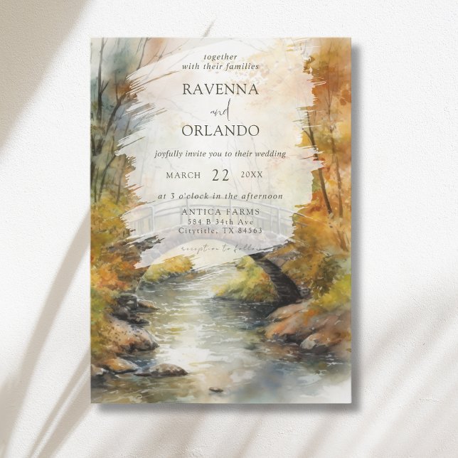 Autumn Stone Bridge River Leaves Fall Wedding Invitation (Creator Uploaded)