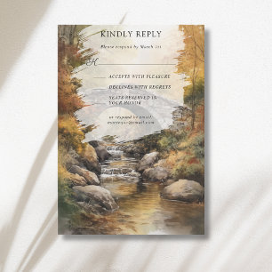 Autumn Stone Bridge River Leaves Fall Wedding RSVP Card