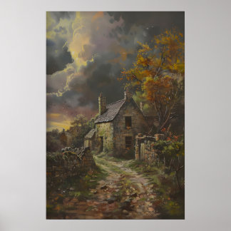 Autumn Stone Cottage Art, Rustic Cottagecore Decor