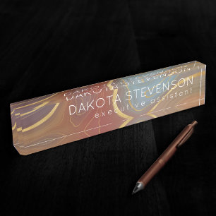 Autumn Strata   Burnt Orange Gold Teal Agate Nameplate