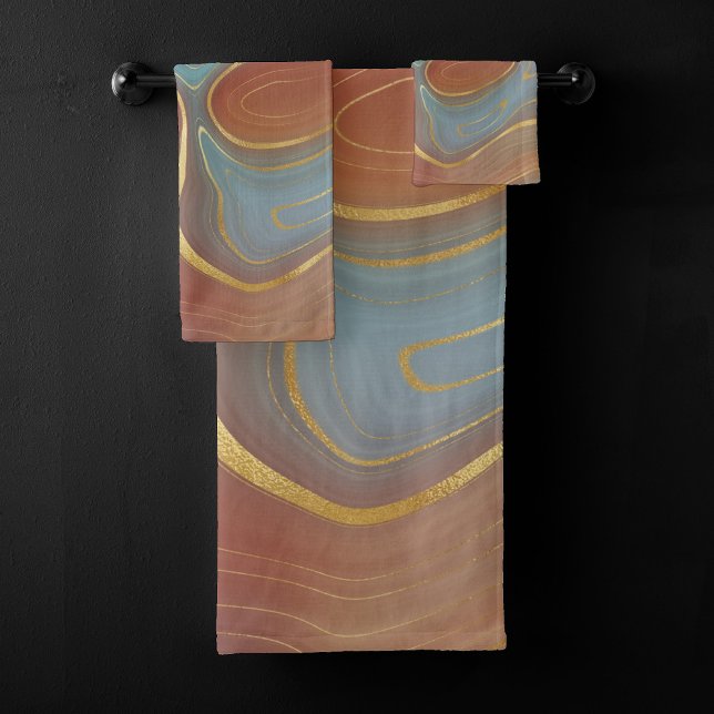 Autumn Strata | Terra Cotta Teal and Gold Agate Bath Towel Set (Creator Uploaded)