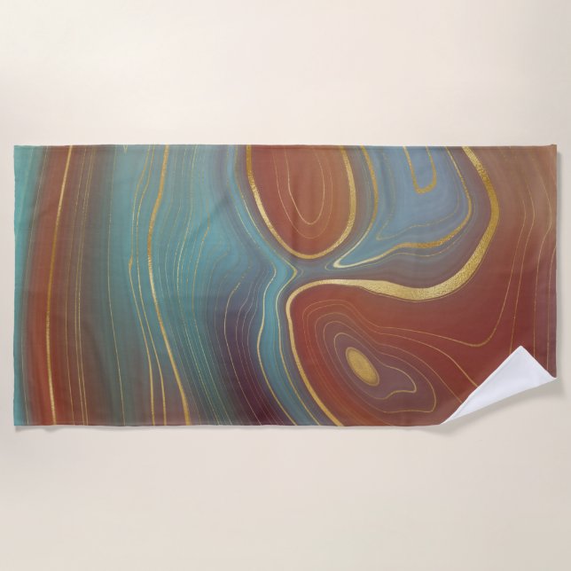 Autumn Strata | Terra Cotta Teal and Gold Agate Beach Towel (Front)