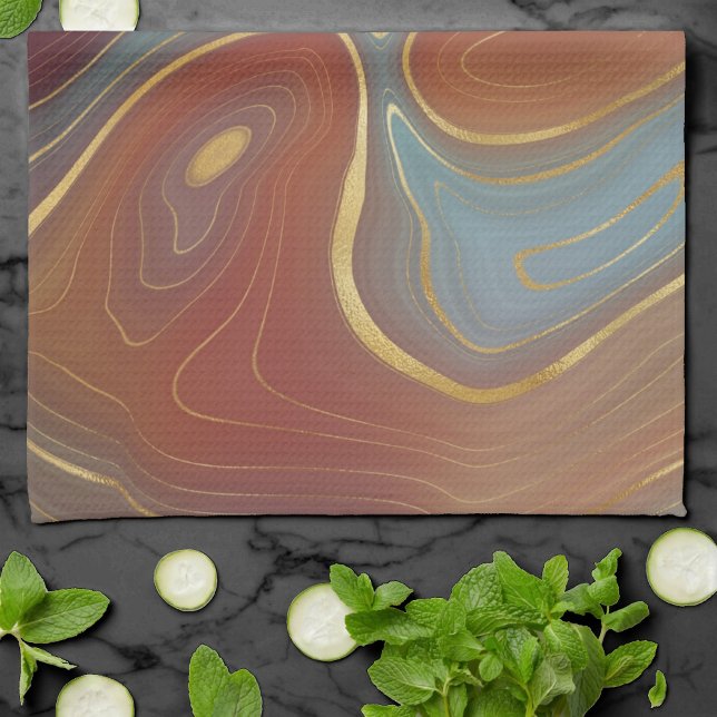 Autumn Strata | Terra Cotta Teal and Gold Agate Kitchen Towel (Creator Uploaded)