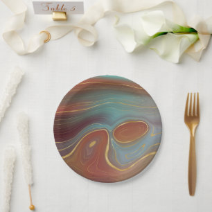 Autumn Strata   Terra Cotta Teal and Gold Agate Paper Plate