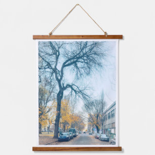 Autumn Street with Tall Bared Tree Hanging Tapestry