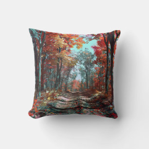 Autumn stretches into woods of red leaves throw pillow
