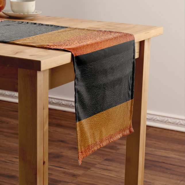 Autumn Style Orange and Black Striped Leather Short Table Runner (In Situ)