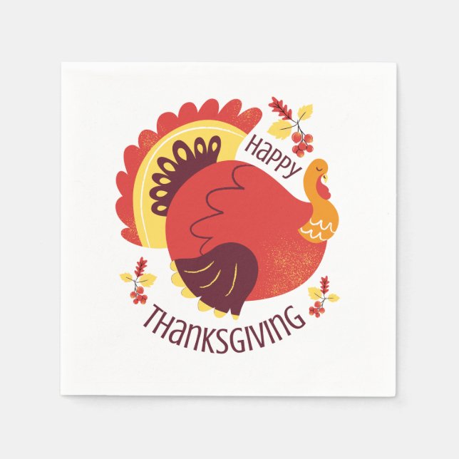 Autumn Stylized Sitting Turkey Happy Thanksgiving Napkin (Front)